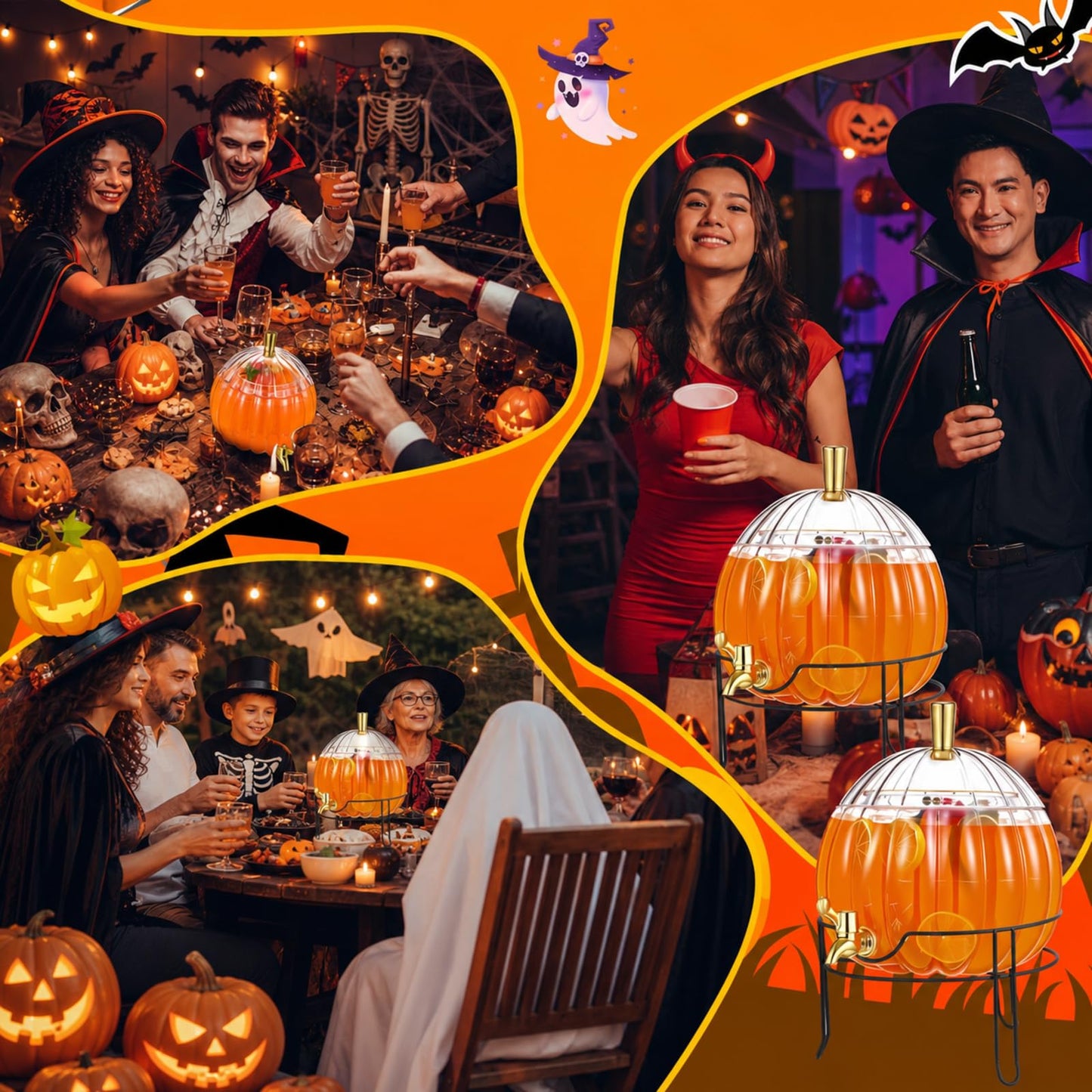 Romooa 1.3 Gallon Halloween Plastic Drink Dispenser with Metal Stand Spigot Pumpkin Shaped Drink Dispenser Beverage Flask with Spigot for Fall Harvest Summer Halloween Autumn Party Supplies(Clear)