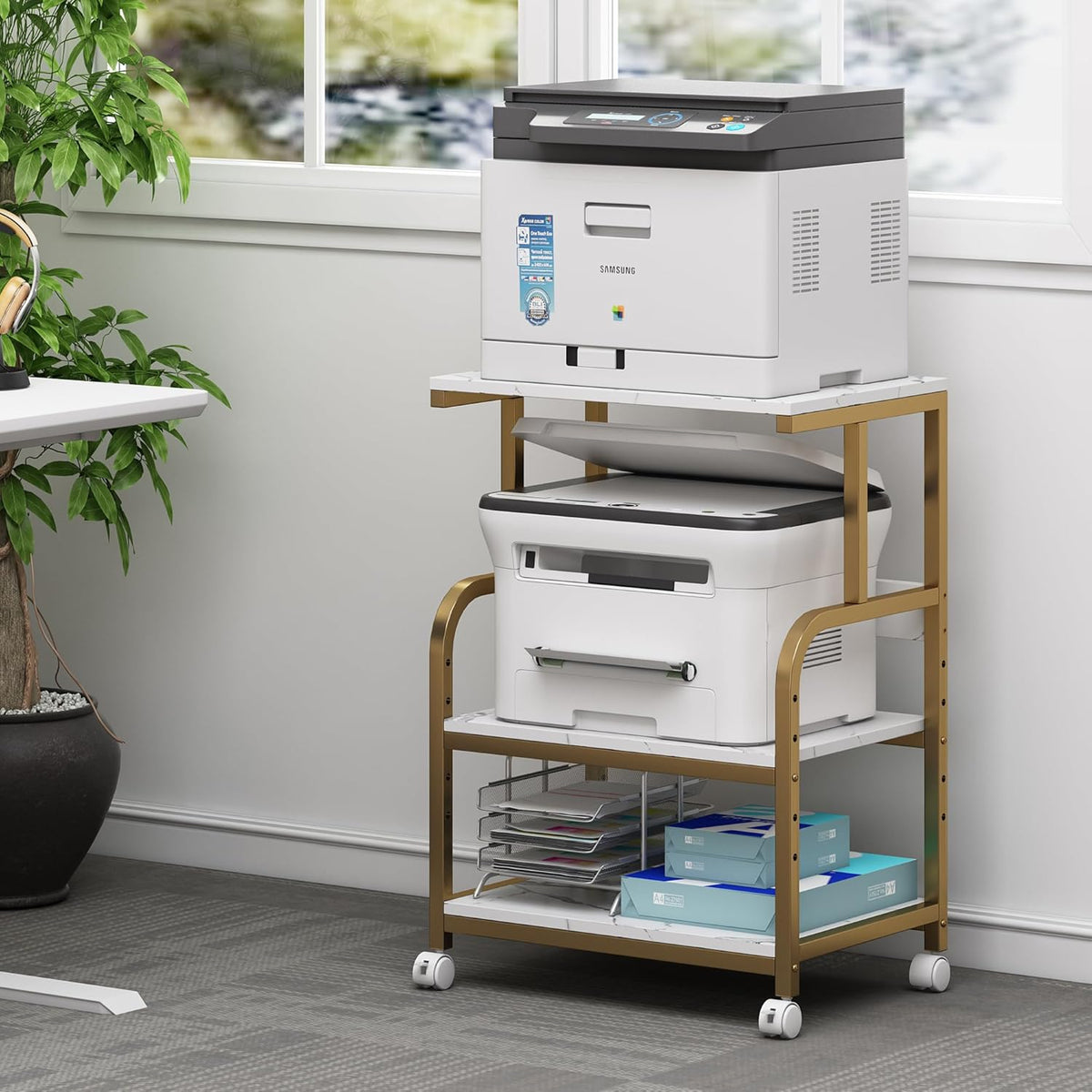 Printer Table with Storage for Home Office Organization, 3 Tier Printer Stand with Height Adjustable Shelf, Rolling Printer Cart with Wheels, White Gold