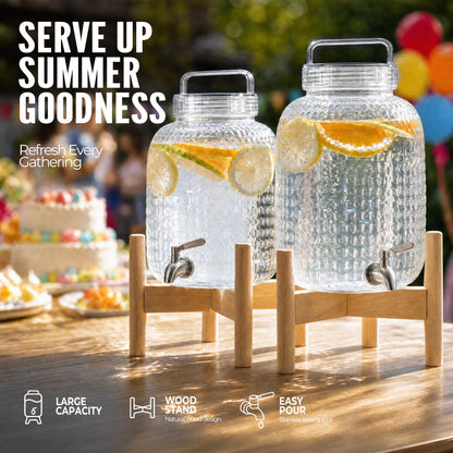 EGGKITPO 2 Pack 1.5 Gallon Drink Dispensers for Parties Hosting Wedding Beverage Dispenser with Wood Stand and Spigot, BPA-Free Polycarbonate Lemonade Container for Halloween Home Buffet Iced Tea
