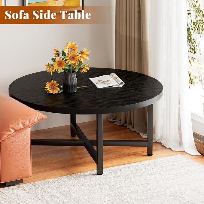 Coffee Table, 31.5" Large Coffee Tables, Black Round Coffee Tables for Living Room, Floor Table for Sitting on The Floor, Center Coffee Table with Metal Frame for Office Apartment Home