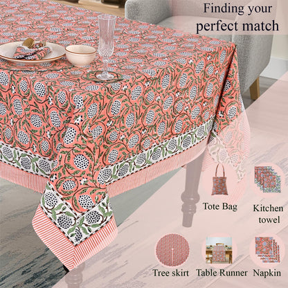Ridhi Dark Salmon Pink Hand Block Print Cotton Rectangle Tablecloth 60" x 60" inches Reusable Table Cover Decorative Everyday Use for Dining Room, Farmhouse, Home Gift for Spring, Mother's Day