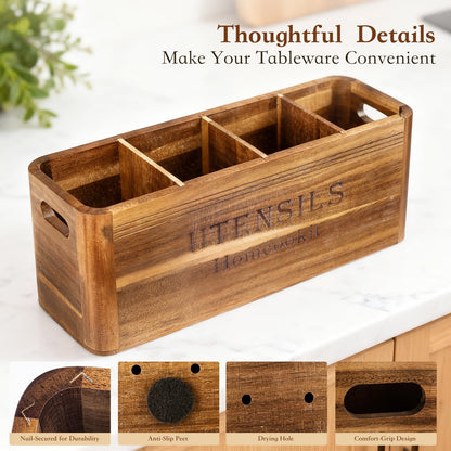 Homcookit Utensil Holder for Kitchen Countertop, Extra Large Acacia Wood Organizer, 4-Compartment Storage for Cooking Tools, Farmhouse-Style Cutlery Holder