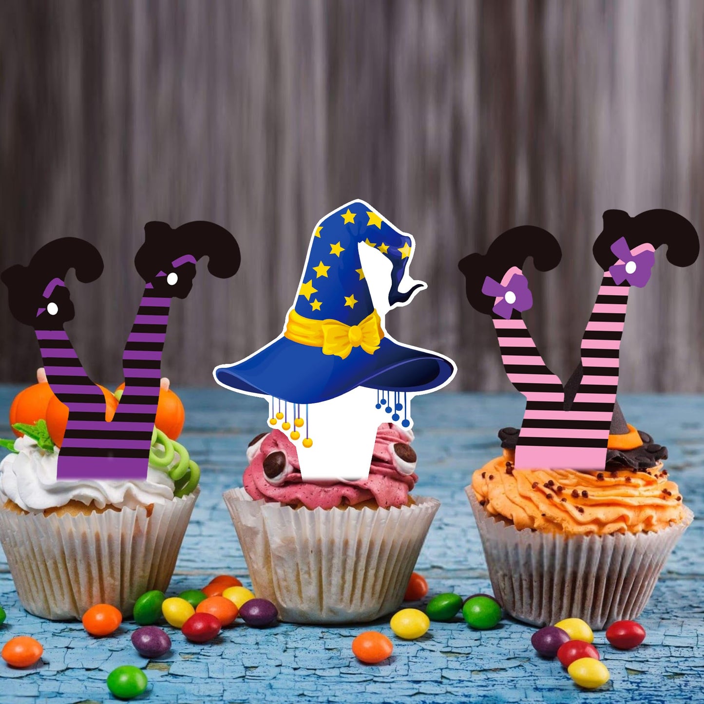 Halloween Party Decorations Witch Hat and Legs Cupcake Toppers 48PCS Witch Stocking Theme Cake Decorations Fantasy Hats Shoes Cupcake Picks for Magic Wizard Birthday Baby Shower Party Supplies