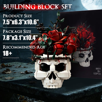 HUNKING Gothic Skull Roses Flower Bouquet Building Set, Botanical Skeleton Pot Collection Building Blocks for Adults, Horror Plants Flower Table Home Decor, Goth Gift for Valentine Mother's Day