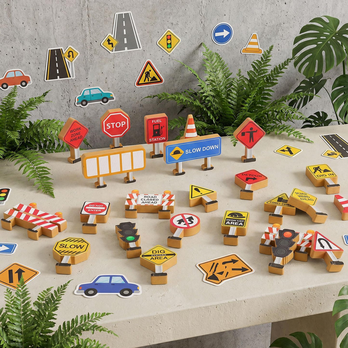 Blosssound Wooden Toys Set for Preschool Classroom - Multicultural Career People Blocks Educational Wooden Play for Kids Learning Toys Play Games Activity Supplies(26 Pcs,Construction Signals)