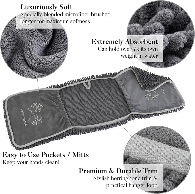 Lucky Pooch® Super Absorbent Shammy Dog Towel - Luxuriously Soft Hand Pockets – 34.5x12.5 – Quick Drying Microfiber Dog Bath Towel – Durable Dog Towels for Drying Dogs (Pack of 2, French Navy/Gray)