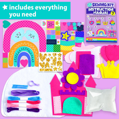 KRAFUN My First Sewing Kit for Kids Ages 5-8 - Princess & Unicorn Crafts for Girls - Make 7 DIY Felt Plush Toys with Pre-Punched Holes & Safe Plastic Needles - Educational Beginner Craft Set