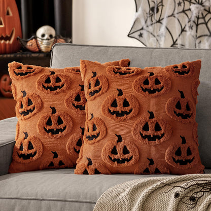 MIULEE 18x18 Inch Set of 2 Halloween White Ghost Decorative Soft Throw Pillows Bundle Rust Decorative Pumpkin Pattern Pillow Covers Plush Faux Fur Wool