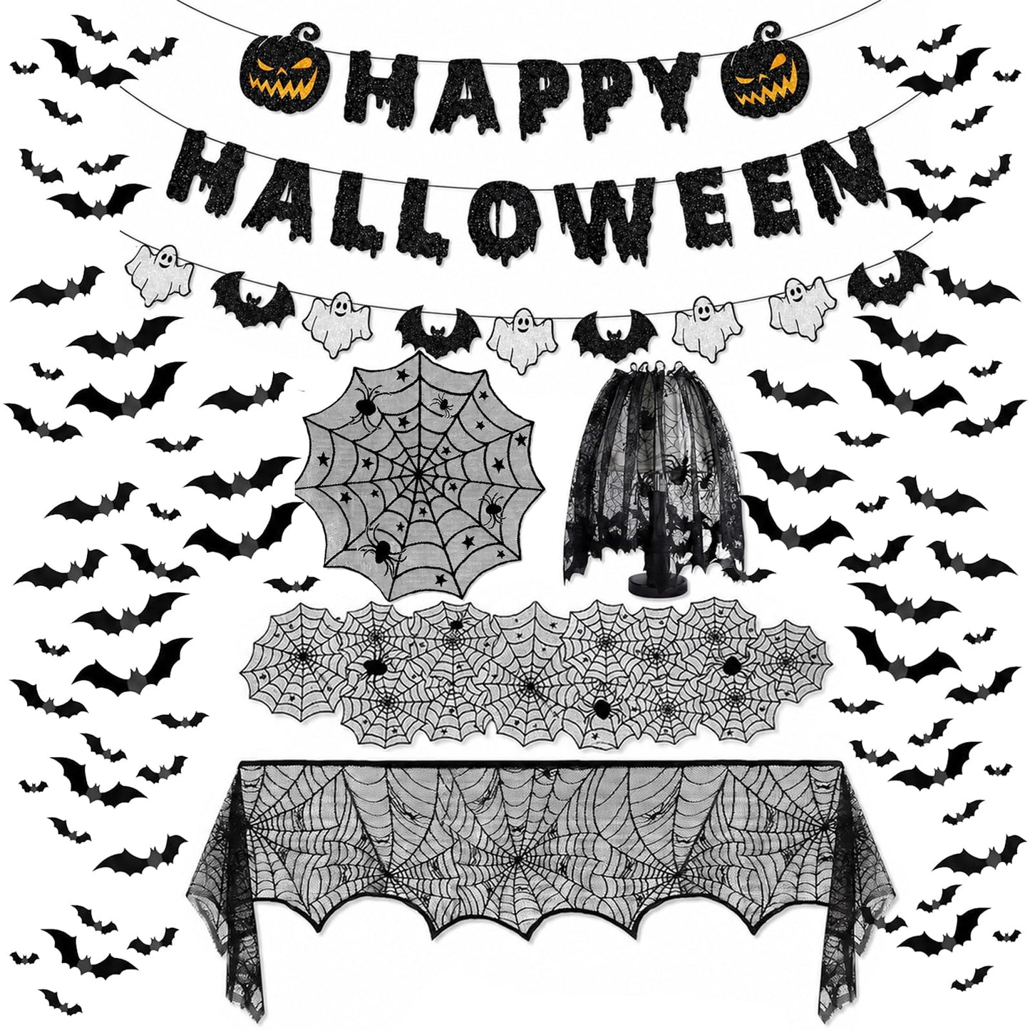 8Pack Halloween Decorations Indoor Halloween Decor, Spider Web Table Cloth/Black Lace Table Runner, Fireplace Mantel Scarf, Cobweb Lampshade with 3D Bat Wall Stickers, Halloween Spooky Home Decor.