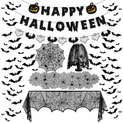 8Pack Halloween Decorations Indoor Halloween Decor, Spider Web Table Cloth/Black Lace Table Runner, Fireplace Mantel Scarf, Cobweb Lampshade with 3D Bat Wall Stickers, Halloween Spooky Home Decor.