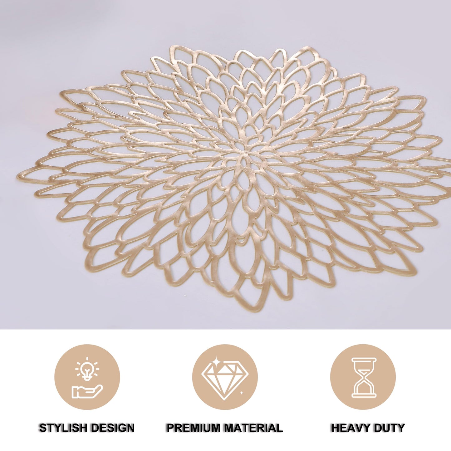 Snowkingdom Set of 12 Gold Metallic Placemats Laminated Vinyl Round Leaf Dinning Table Place Mats Bulk Decorative Halloween Thanksgiving Christmas Party Wedding Holiday Festival