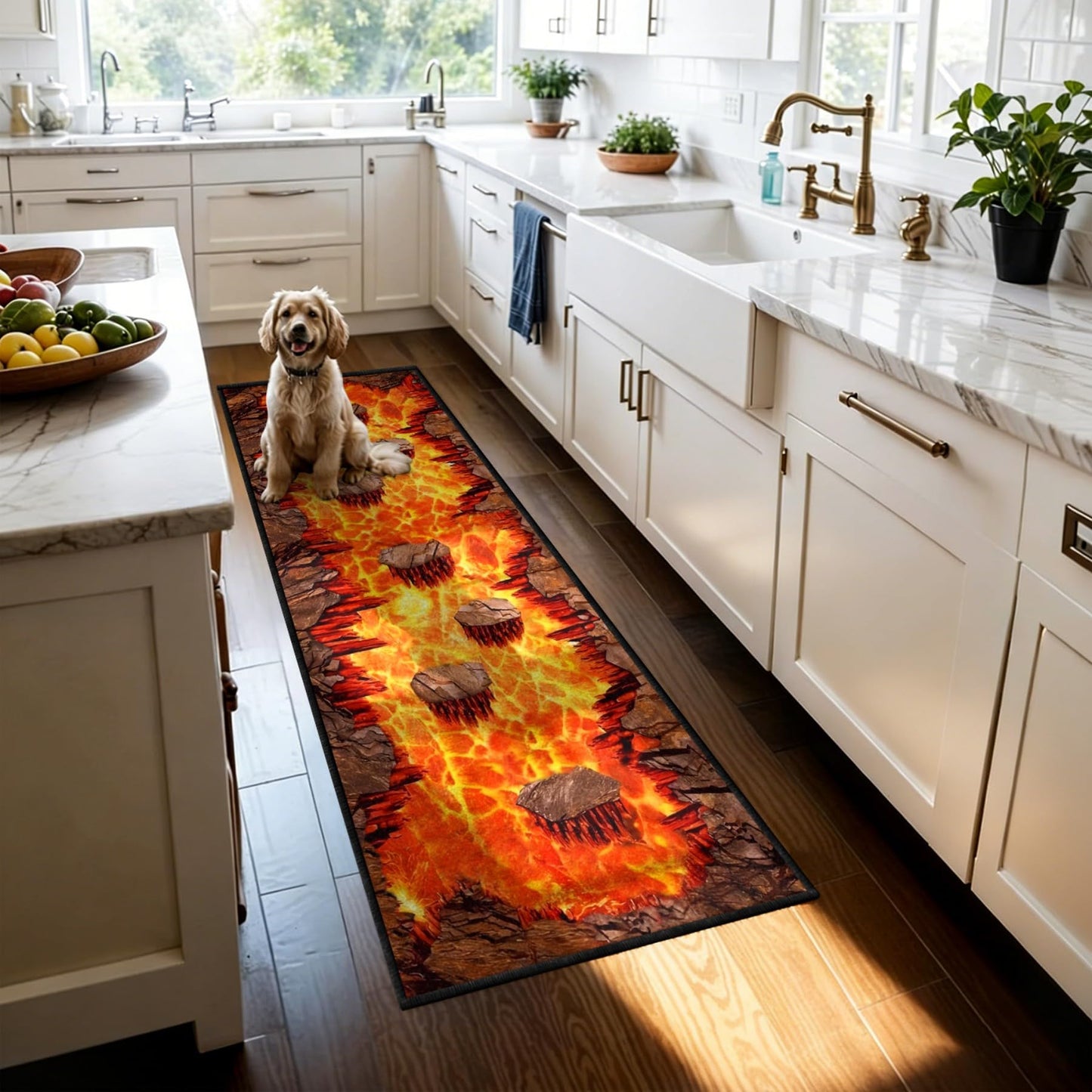3D Optical Illusion Flame Runner Rug, 1.3x7ft, Abstract Lava Long Kitchen Rugs,Retro Rock Cracks Print Laundry Room Runner Rug, for Entryway Indoor Bedroom Runner Rugs