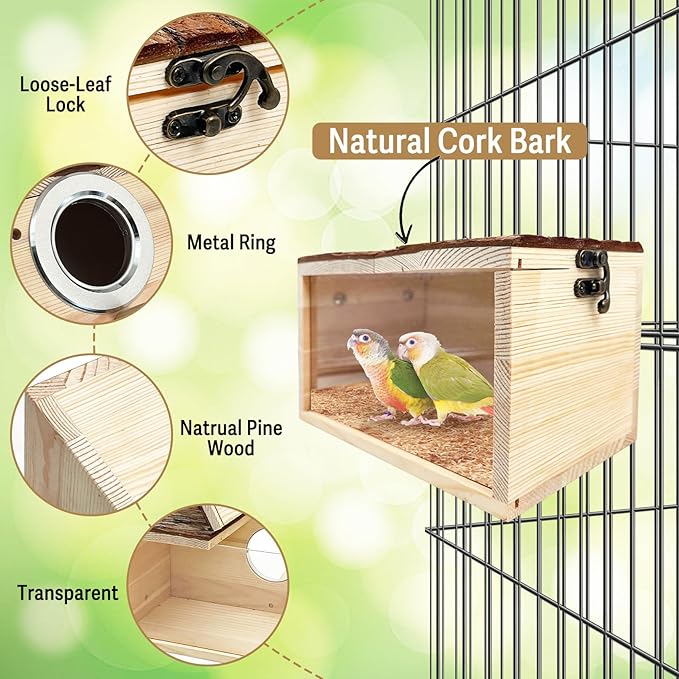 Tfwadmx Parakeet Nesting Box - Wooden Parrot Nest for Cockatiel, Lovebirds, Budgie, Conure - Acrylic Transparent Bird House With Perch for Breeding