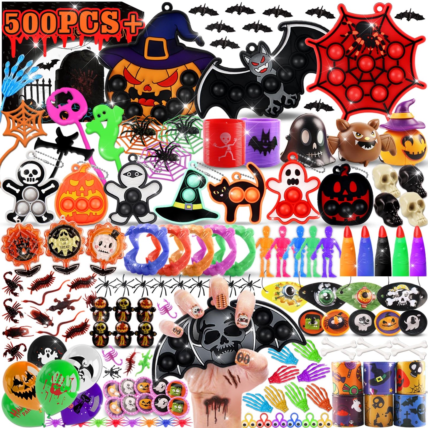 KissFree 500 PCS Halloween Party Favors for Kids, Halloween Toys Bulk, Halloween Goodie Bag Fillers, Non-Candy Treats for Kids, Classroom Prizes