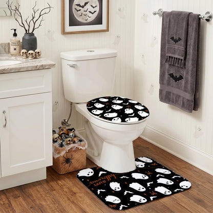 Mocsicka 4Pcs Halloween Shower Curtain Set Black Spooky Bow Ghost Shower Curtain Set for Halloween Bathroom Decor with Anti-Slip Waterproof Bathtub Bathroom Rugs Toilet Lid Cover