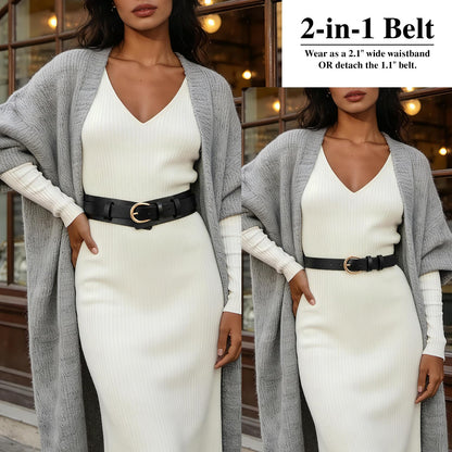 SANSTHS Belt for Women 2-in-1 Waistband for Dress Coats Pants, Women Wide Leather Belt with Fashion Buckle, Black M