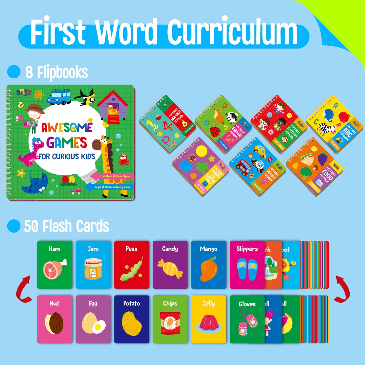 Kids Learning Flipbooks, 8 Board Books & 50 First Word Cards - Alphabet, Numbers, Colors, Shapes, Emotions, Animals, Vehicles & Fun Games Activities, Early Educational Learning Tool For Kids, Children