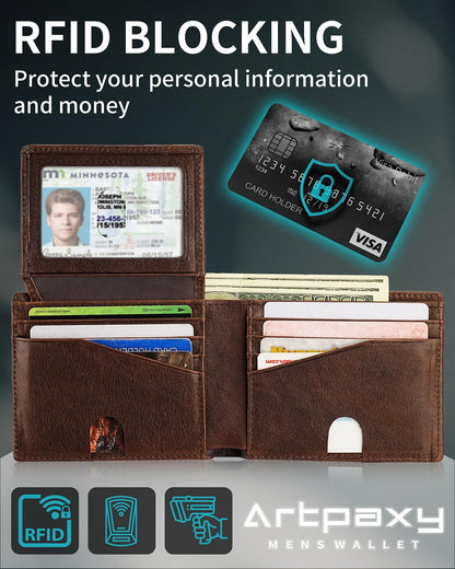 Mens Wallet With AirTag Holder, Bifold Leather RFID Blocking 2 ID Windows 12 Card Holders, Gift Box and Screen Protector Included, AirTag Not Included