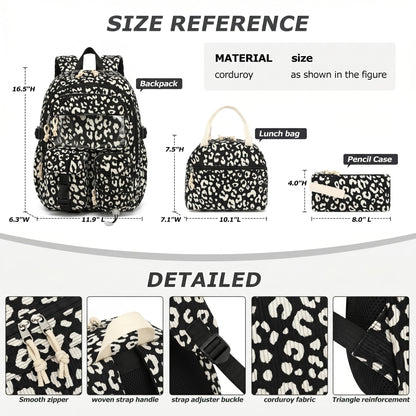 Pepailug School Backpack for Girls Boys with Lunch Box and Pencil Case, 3PCS Corduroy Kids Bookbag Set for Elementary Middle High School Bag with Travel Daily Use (Leopard Black)