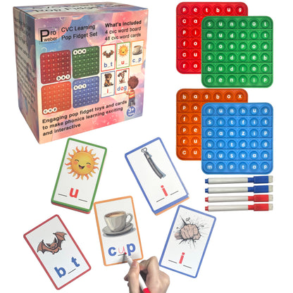 CVC Learning Pop Fidget Set with Flash Cards - Educational Spelling and Reading Game for Preschool and Kindergarten, Includes Colorful Erasable Pens and Fidget Boards
