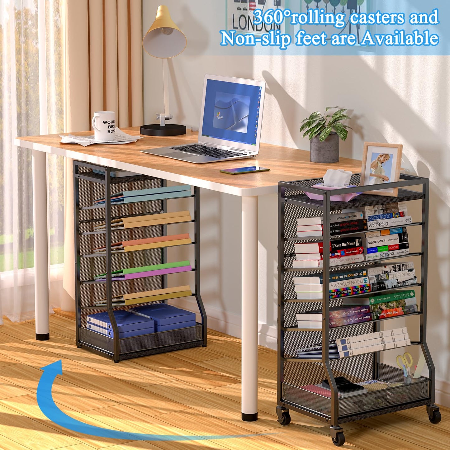ThreeHio 7 Tier Rolling File Cart with Sliding Trays, Wood Metal File Organizer Beside Desk, Free-Standing File Holder, Paper Letter Tray Organizer Mesh Desk Organizer for Home Office School (Patent)