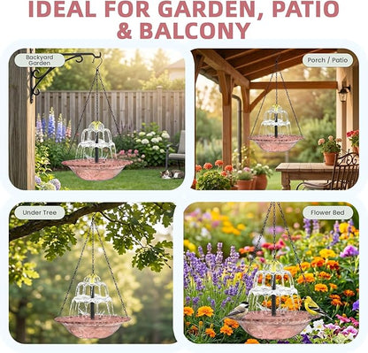 Solar Fountain for Bird Bath, Hanging Cascade Water Feature for Outdoor Garden & Yard Decor, Creates a Relaxing Flow that Attracts Birds (Pink(XL))