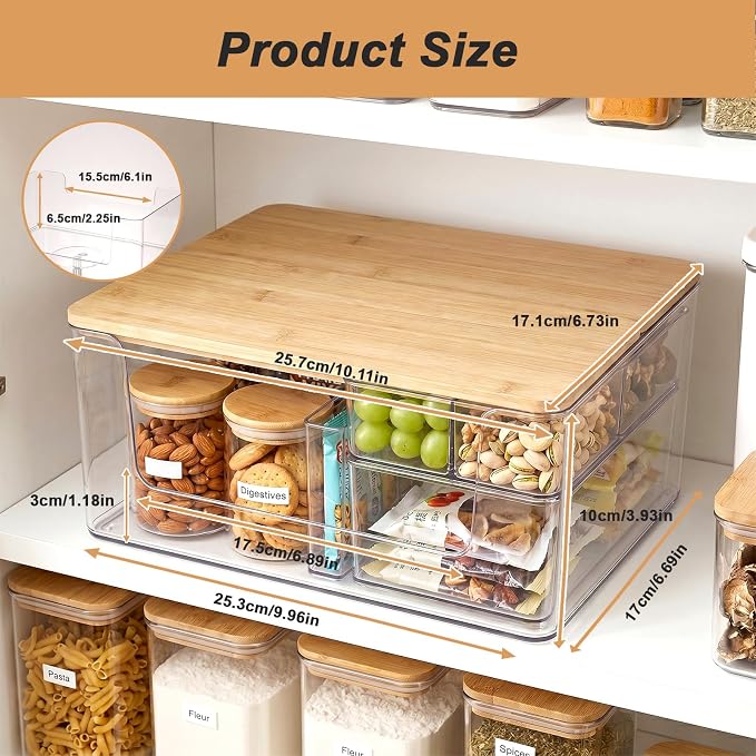 1 Pack Trash Bag Holder, Stackable Garbage Bag Dispenser with Lid | Clear Plastic Organizer with Bamboo Lid, Space-Saving Under Sink Storage for Kitchen, Laundry Room, Pantry & Cabinet