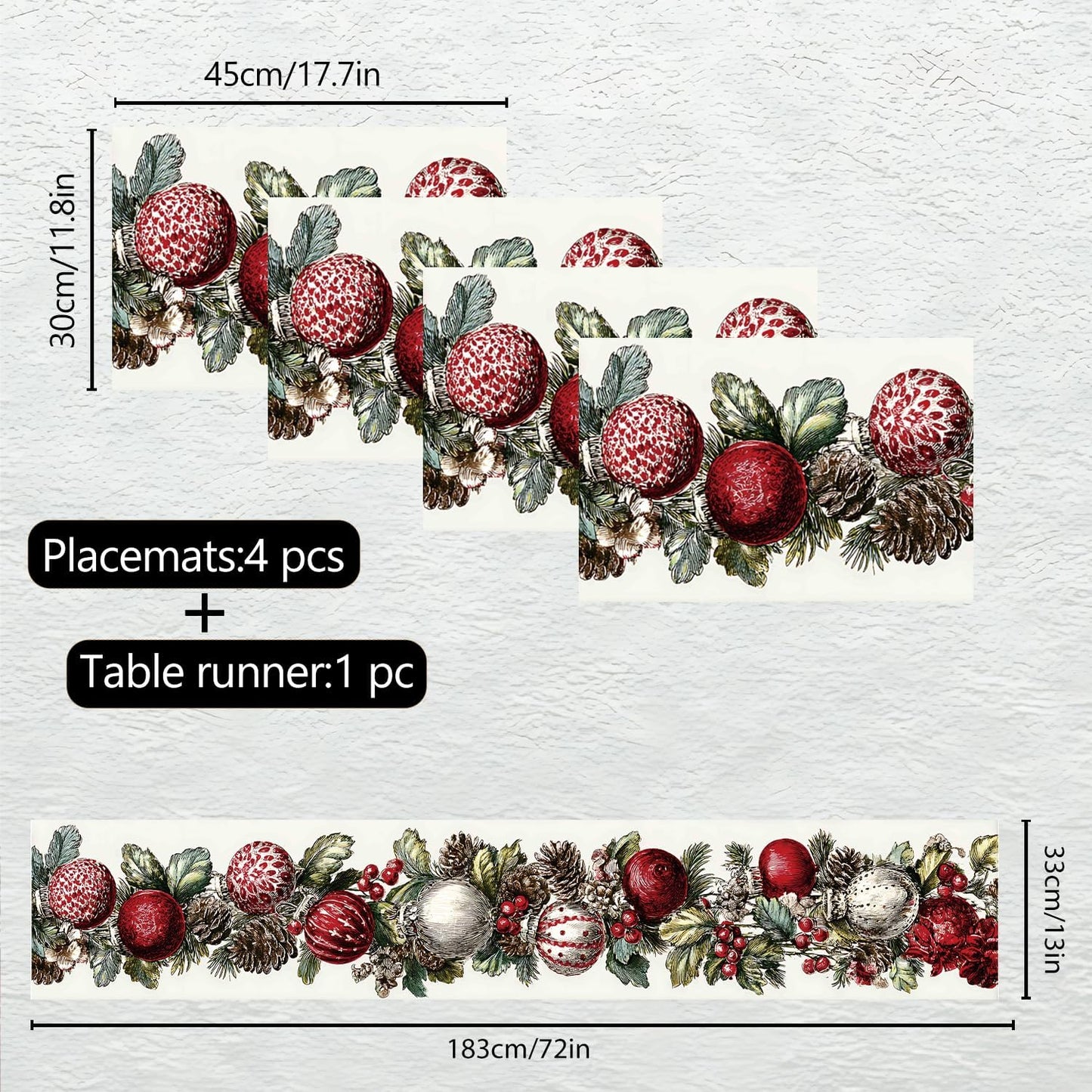 Elegant Christmas Table Runner and Placemats Set – 1 Runner & 4 Placemats – Festive Wreath Design with Red & White Baubles, Pinecones & Berries –Holiday Table Decor for Winter Dining & Christmas Party