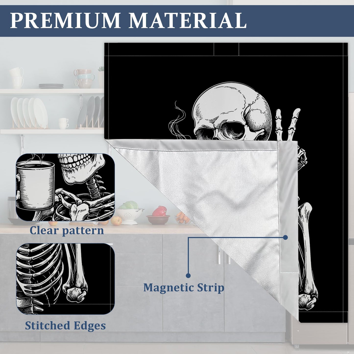 Black Dishwasher Magnet Cover Funny Skeleton Coffee Dishwasher Magnets Decorative Cover for Kitchen, Refrigerator Magnet Decal Panels 23” x 26”