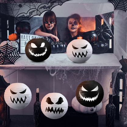 6 Pieces Halloween Paper Lanterns Party Decorations Halloween Hanging Lanterns Decorative for Home Outdoor Yard Party Supplies Favors 11.8 x 11 inch, White, Black (Normal Style)