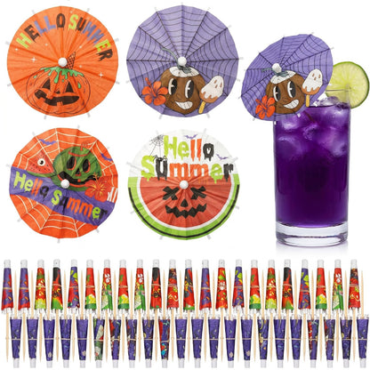 Ferrochef 100 Pcs Summer Halloween Cocktail Umbrellas Picks - Halloween in July Drink Decoration & Cupcake Toppers - Tropical Spooky Summer Paper Parasols Picks for Hawaiian Pool Beach Party Decor
