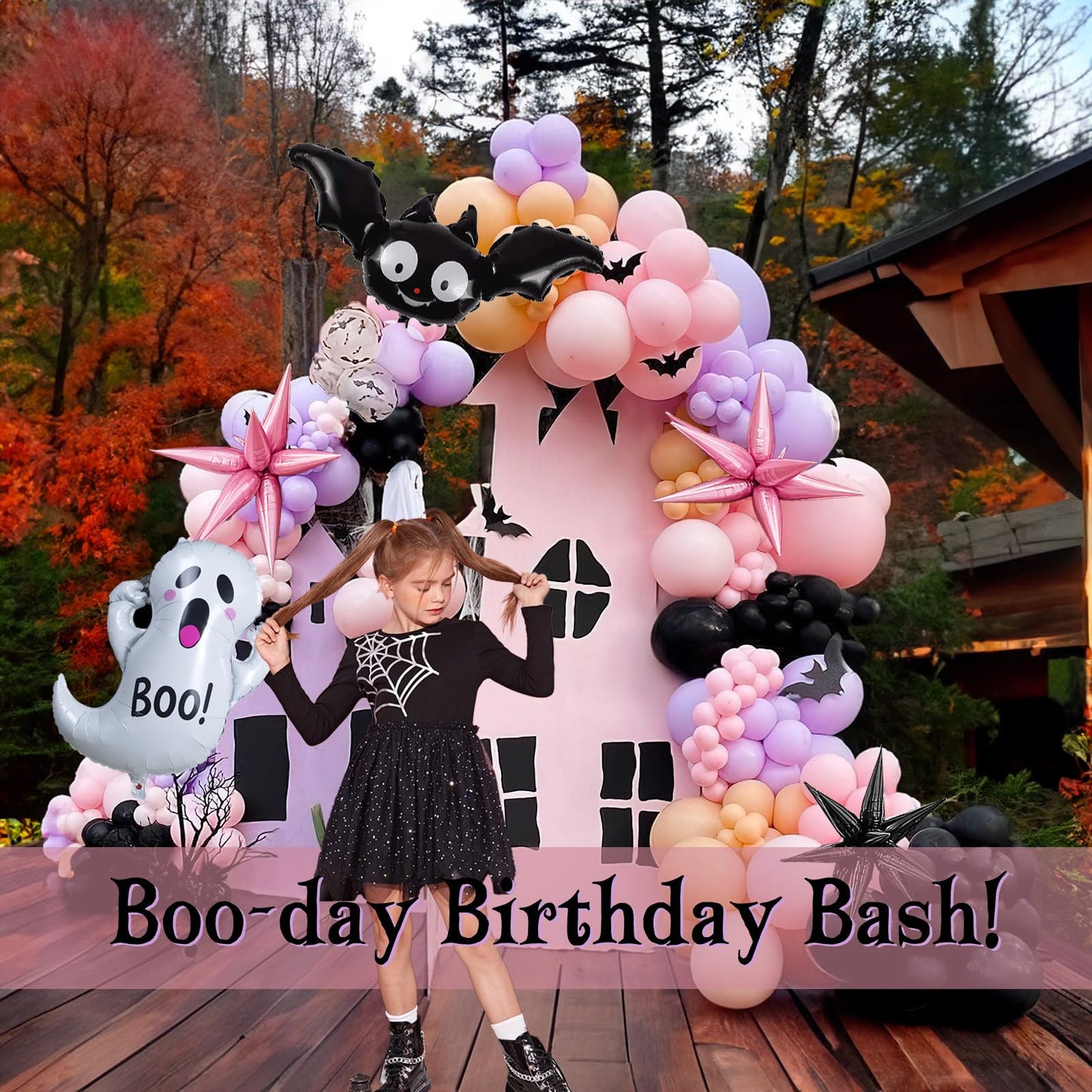 Summerween Pink purple black Balloon Garland Arch Kit 122Pcs with Cute Bat Ghost mylar foil Balloons for Girls Two spooky Halloween Birthday Baby Shower Party Decorations Horror BOO Day Party Supplies