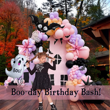 Summerween Pink purple black Balloon Garland Arch Kit 122Pcs with Cute Bat Ghost mylar foil Balloons for Girls Two spooky Halloween Birthday Baby Shower Party Decorations Horror BOO Day Party Supplies