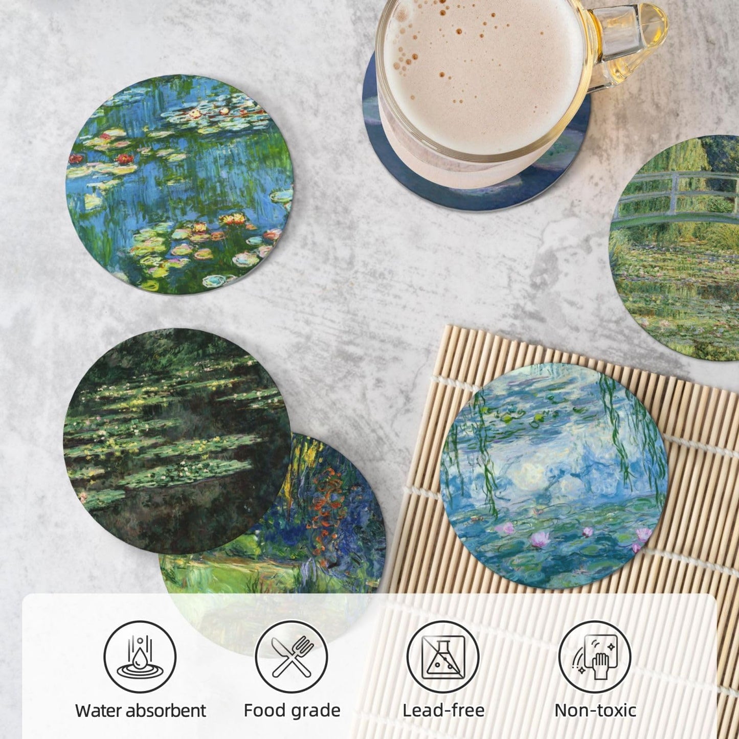 Ceramic Absorbent Art Coasters with Golden Holder Cork Base Set of 6 - Use 6 Famous Paintings, Unique Housewarming Gifts for Home Decorative (Claude Monet - Round - 2)
