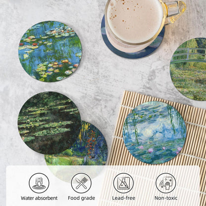Ceramic Absorbent Art Coasters with Golden Holder Cork Base Set of 6 - Use 6 Famous Paintings, Unique Housewarming Gifts for Home Decorative (Claude Monet - Round - 2)