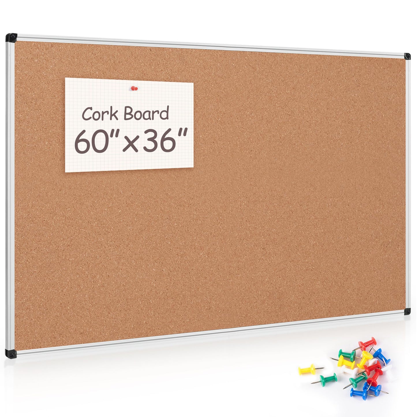 Board2by Large Cork Bulletin Board 60" X 36", Silver Aluminum Framed Corkboard for Wall, Wall Mounted Notice Pin Board with Push Pins for School, Home & Office - 5' x3' Corkboard