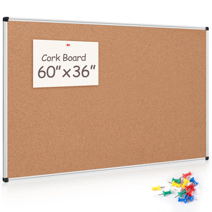 Board2by Large Cork Bulletin Board 60" X 36", Silver Aluminum Framed Corkboard for Wall, Wall Mounted Notice Pin Board with Push Pins for School, Home & Office - 5' x3' Corkboard