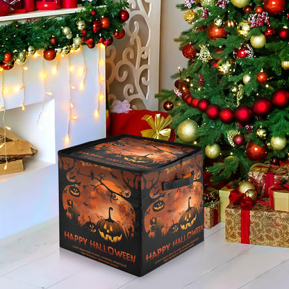 YETTASBIN Halloween Pumpkin Large Christmas Ornament Storage Box with Zipper & Adjustable Dividers, Storage Container with Lid & Handles for 64 Holiday Ornaments 3-Inch, 13 x 13 Inch
