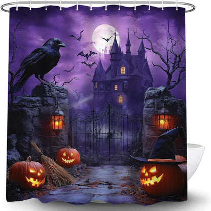 UPUMKSK Purple Haunted Castle Halloween Shower Curtain