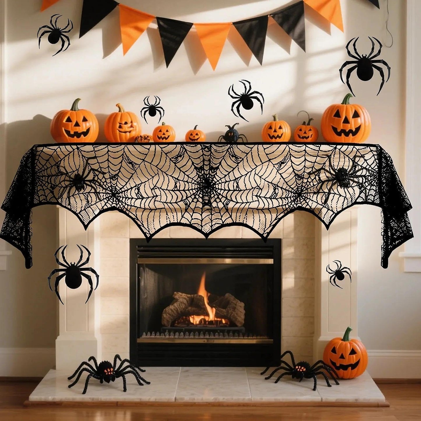 Heyigrow 15 Pcs Set Spider Web Decorations, Halloween Kit Black Lace Table Runner Cobweb Round Tablecloth Fireplace Scarf