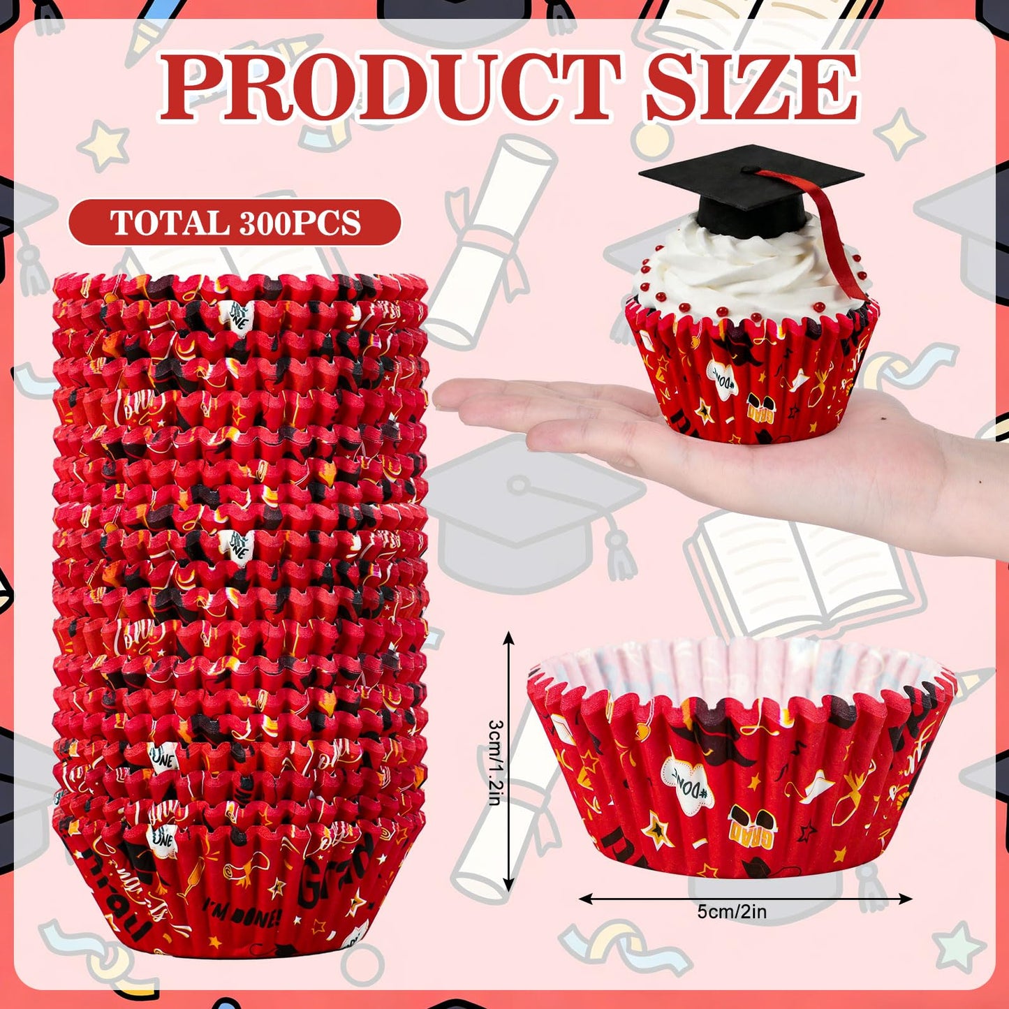 JarThenaAMCS 300Pcs Graduation Cupcake Liners 2026 Congrats Grad Paper Baking Cups Red Black Gold Standard Muffin Cupcake Wrappers for College High School Party Supplies Table Decor