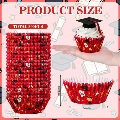 JarThenaAMCS 300Pcs Graduation Cupcake Liners 2026 Congrats Grad Paper Baking Cups Red Black Gold Standard Muffin Cupcake Wrappers for College High School Party Supplies Table Decor