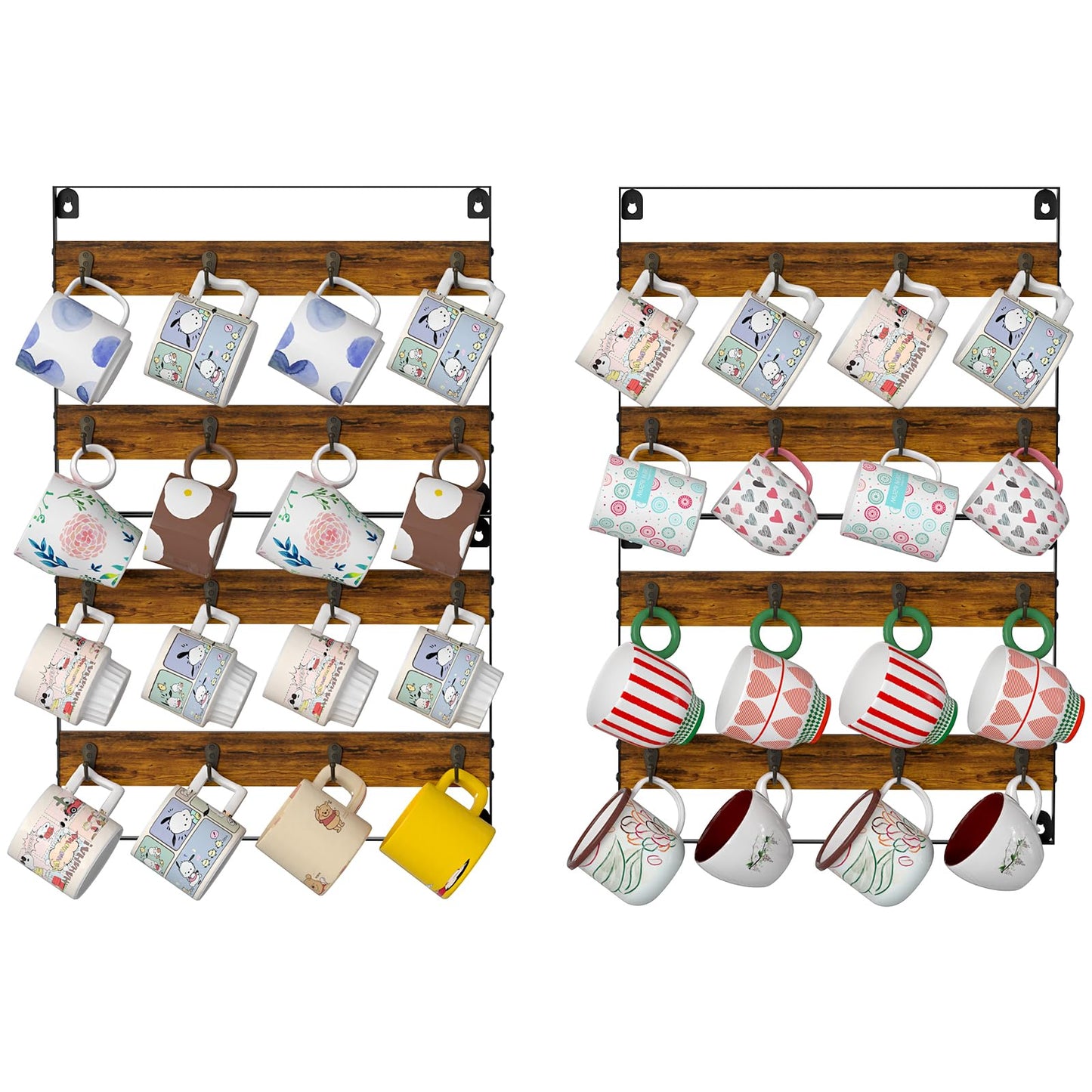 Rustic Wood Coffee Mug Rack - Wall Mount Cup Holder Shelf Storage for Kitchen, Home, Bar, Office (4 Pack, Holds 32 Mugs)