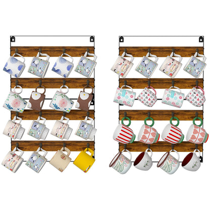 Rustic Wood Coffee Mug Rack - Wall Mount Cup Holder Shelf Storage for Kitchen, Home, Bar, Office (4 Pack, Holds 32 Mugs)