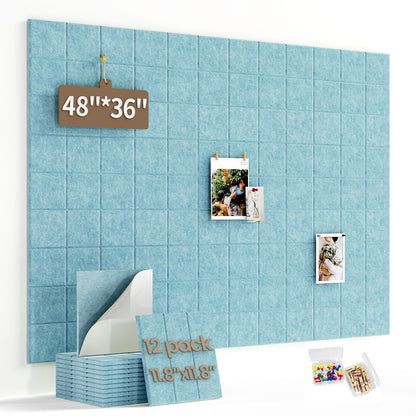 Large Felt Bulletin Board for Walls: 12-Pack Black Cork Board Alternative 11.8x11.8 Inch Peel and Stick Pin Board Wall Decor for Home Organization, Office Memo Board, Self-Adhesive Wall Tiles