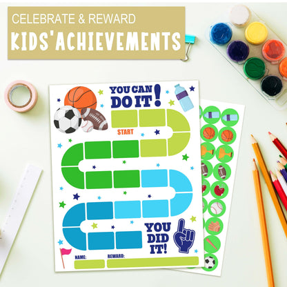 10 Sports Reward Chart with 216 Round Stickers, Incentive Behavior Chart for Kids at Home Classroom, Kids Routine Daily Chore Sticker Chart-A14