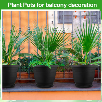 Sunnychicc 12 Pack 8+'' Plastic Plant Pots Round Planter Pots with Saucer Tray Seedling Pot Hole Seed Resin Plant Pot Starting Nursery Flower Container with Pallet for Garden Outdoor Indoor(Black)