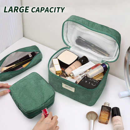 LVWNM 4 Pcs Makeup Bag for Women Corduroy Cosmetic Bag Aesthetic Cute Bags Multi Size Purse Pouch Travel Toiletry Bag Set Makeup Organizer with Zipper(Green)