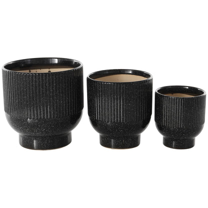 Deco 79 Ceramic Indoor Outdoor Planter Speckled Small Planter Pot with Linear Grooves and Tapered Bases, Set of 3 Planters 9", 8", 6"H, Black