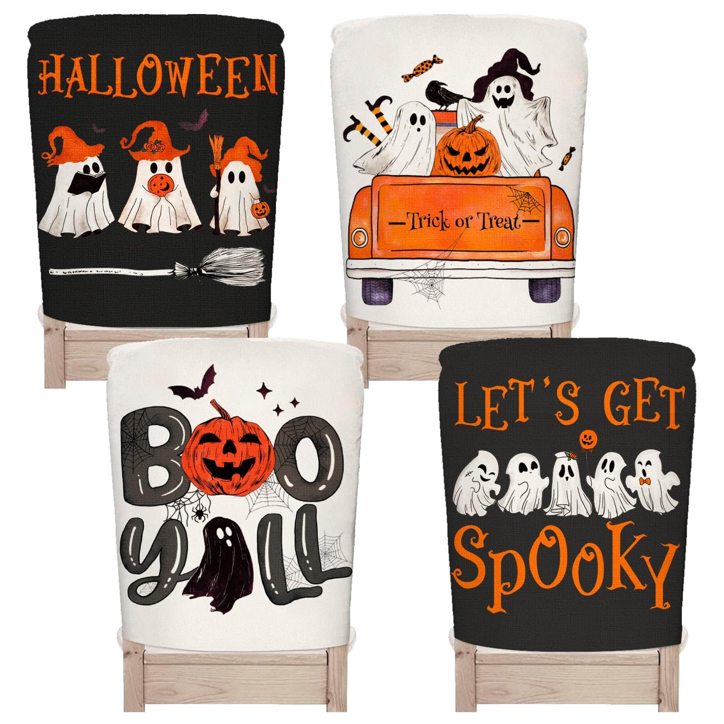 JarThenaAMCS 4Pcs Halloween Chair Covers Spooky Ghost Boo Y' All Seat Covers Washable Black Dining Chair Slipcover Protector for Home Kitchen Decor